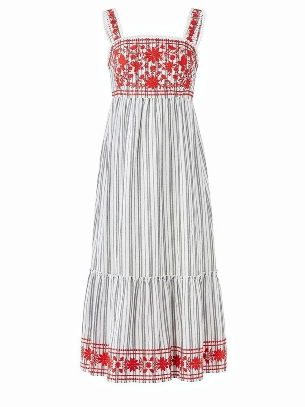 Kate Spade New York Embroidered Striped Midi Dress in White & Red